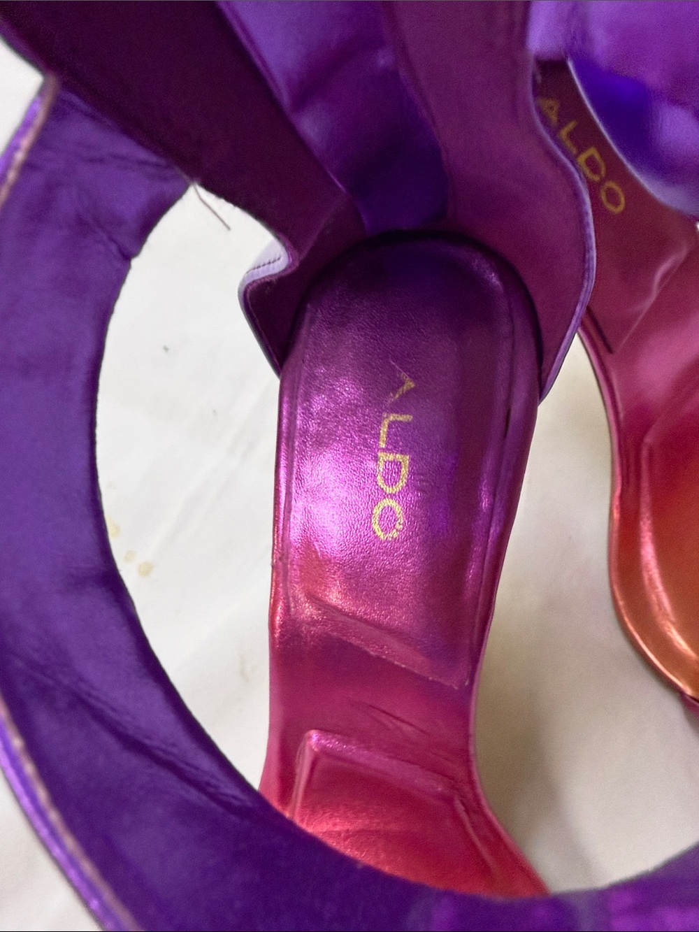 Aldo Metallic Purple and Pink Ankle-Strap Stilettos with Gold Pointed Toe Cap - Picture 2 of 10